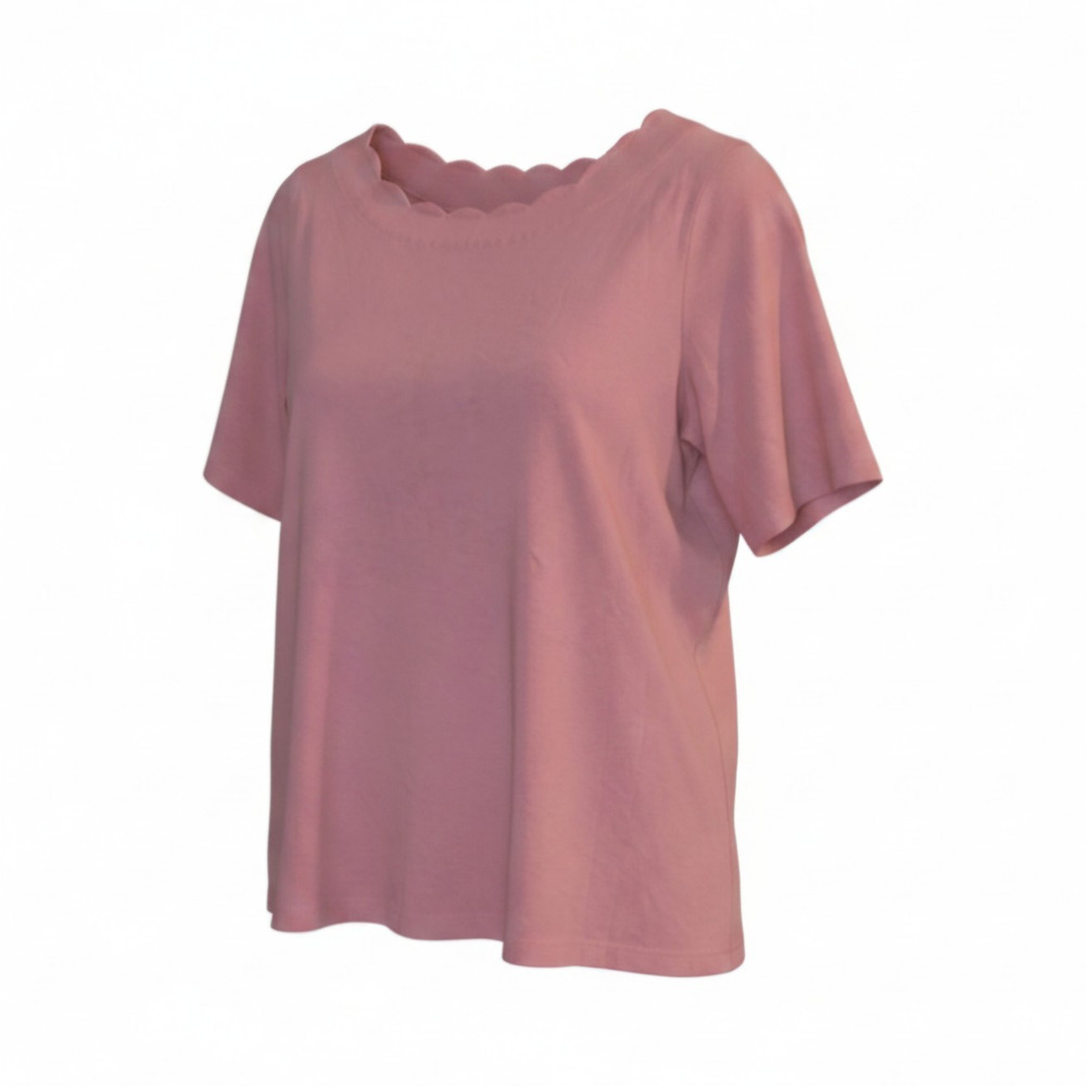 Talbots (L) Solid Scalloped Neck Pima Cotton T-Shirt Pink Short Sleeve Knit